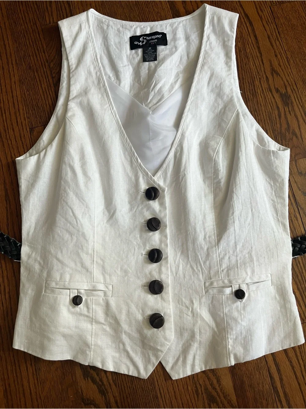 Vintage 90s Sharagano Studio White 100% Linen Button-Up Vest with Brown Belt